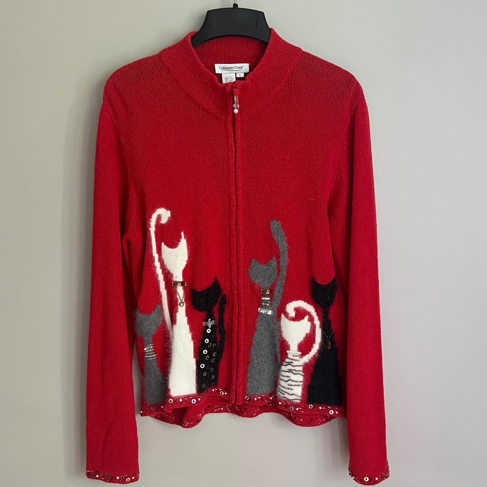 Red Cat Beaded Zip Up Cardigan Sweater L Cat Lady Whimsical Kitsch Grannycore